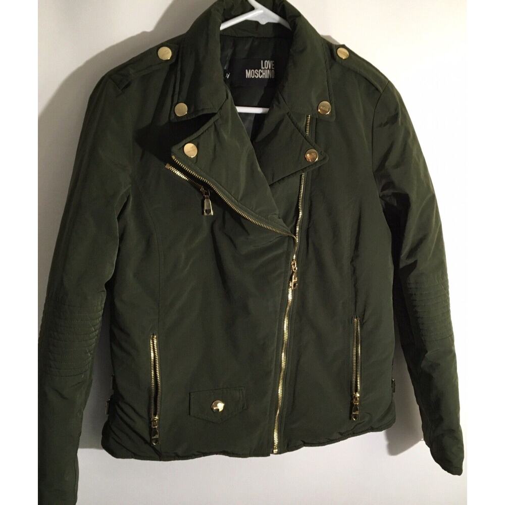 Love Moschino Women's Size 6 Olive Green Nylon Moto Biker Style Zipper Jacket - Picture 3 of 6